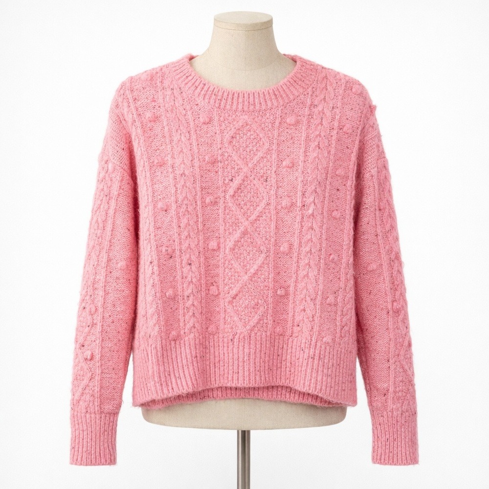 3D Bobble Chunky Cable Knit Wool Sweater Size S Pink Coquette Romantic Fisherman